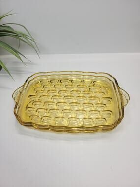 2 Vintage Federal Glass Yorktown Amber Snack Trays MCM Bubble Thumbprint Plate